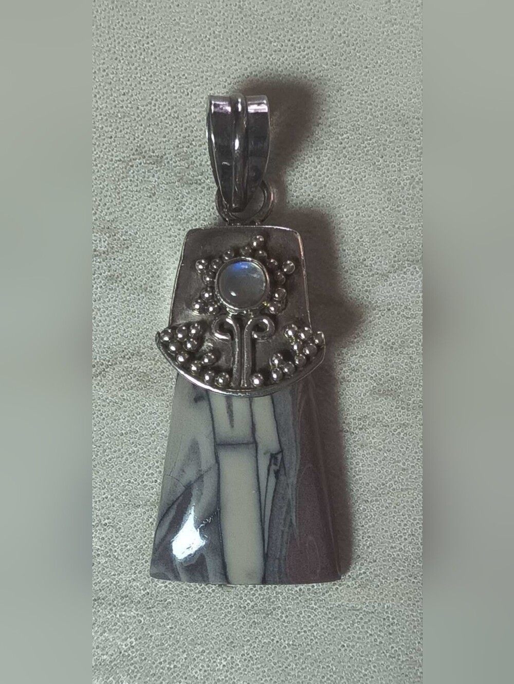 Vintage 925 Sterling Silver Zebra Jasper & Rainbow Moonstone Artisan Pendant